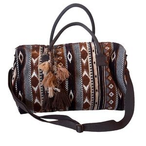 World Market Aztec Print Brown White Tan Weekender Tote Full Zip Closure